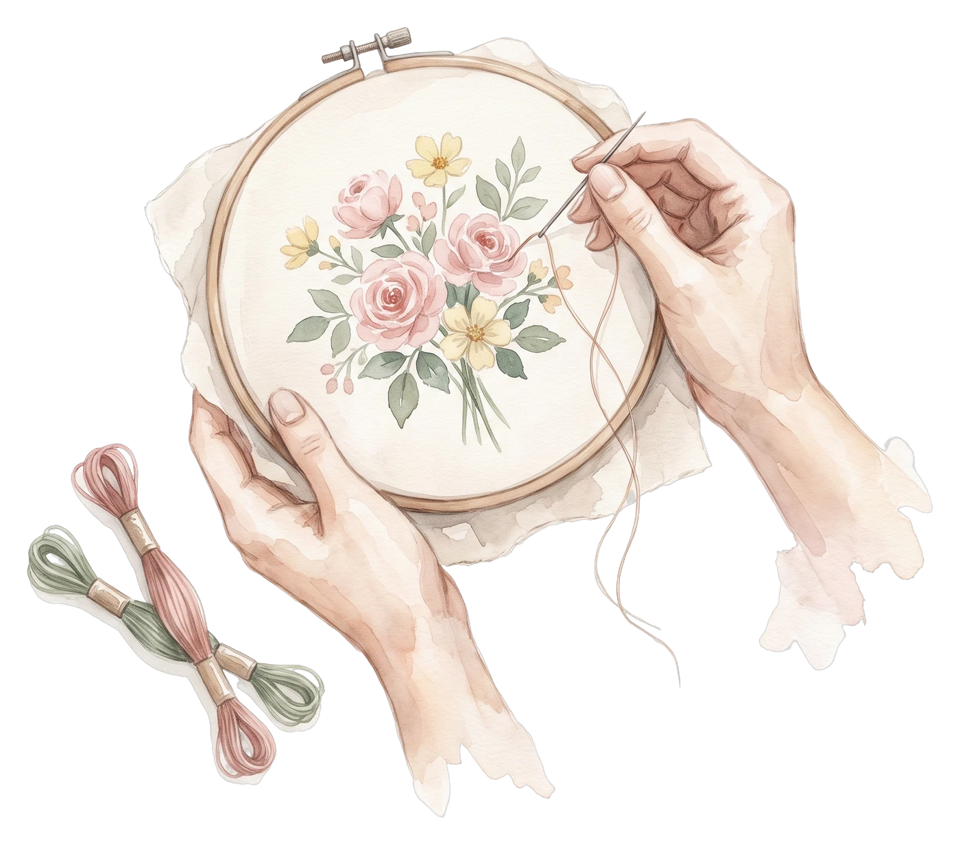 Mãos bordando um bastidor floral em aquarela
